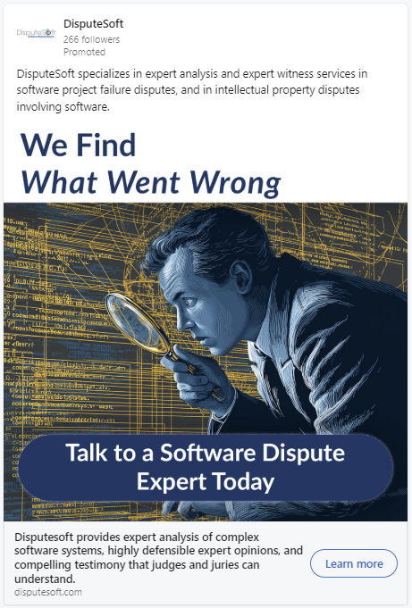 disputesoft's tweet photo. Looking for source code analysis or discovery for an upcoming software dispute lawsuit? Contact the software disputes expert wtinesses at DisputeSoft. 

https://t.co/I1IDuapvJ4 https://t.co/u0wDkZl4uc