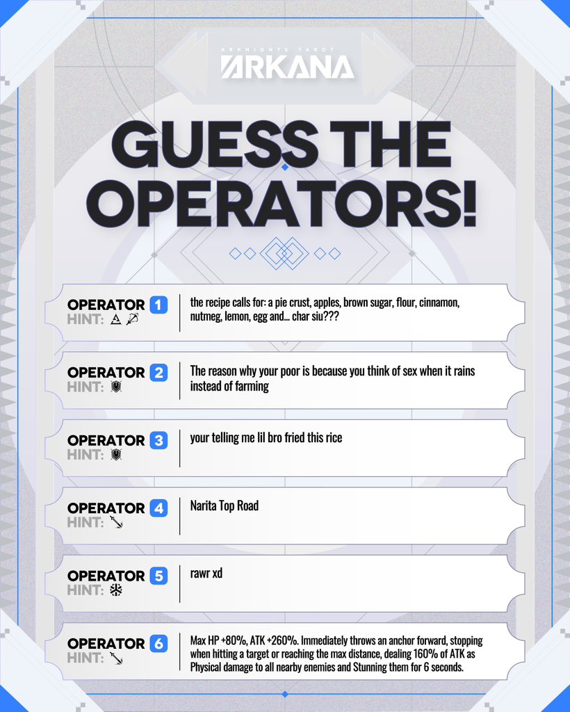 ArkanaAKTarot's tweet image. Attention Doctors! 

Welcome to our brand new segment: The Arkana Operator Guessing game! Can you guess the operators based on these hints written by our card artists? 

The answers will be released in the comments tomorrow!
