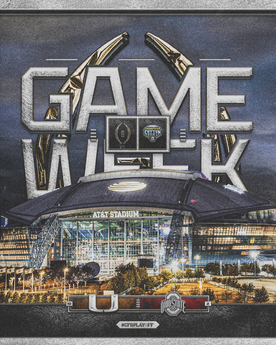 CFBPlayoff's tweet photo. It’s CFP QUARTERFINAL GAME WEEK‼️

We’re kicking it off in Arlington on New Year’s Eve with the Buckeyes and Canes👀

#CFBPlayoff https://t.co/iiMbZ1A4j3