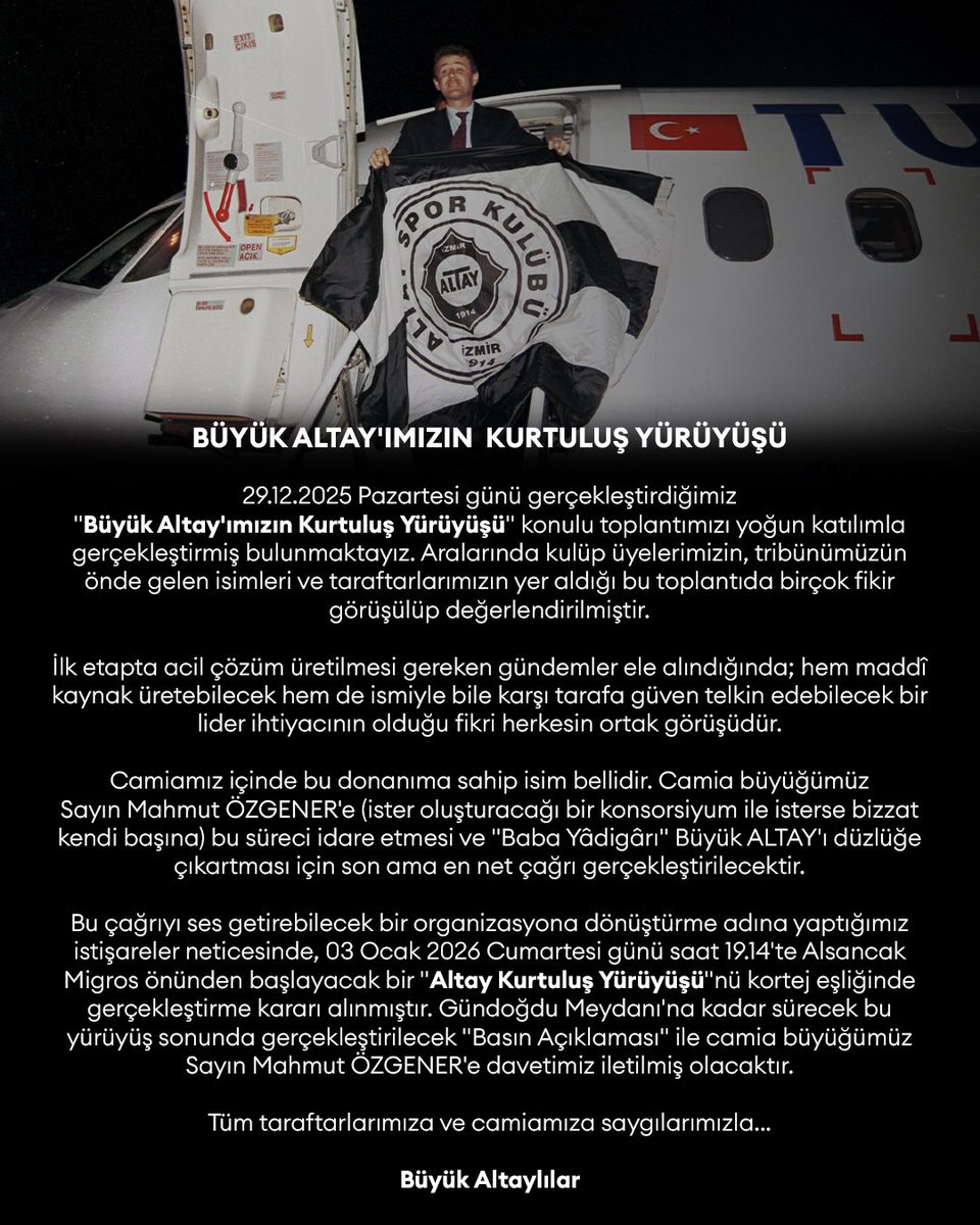 03 Ocak 2026 Cumartesi günü saat 19.14'te başlayacak "Altay Kurtuluş Yürüyüşü"nü kortej eşliğinde gerçekleştirme kararı alınmıştır. Herkesi bu tarihi yürüyüşe davet ediyoruz.