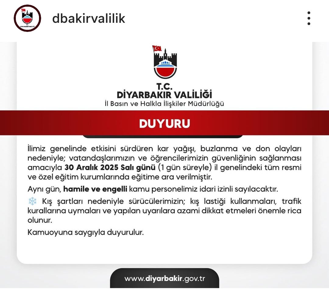 Diyarbakır valiliğinden duyuru yapıldı. Yoğun kar yağışı sebebiyle eğitim ve öğretime yarın için bir gün daha ara verildi. #Kartatili #Diyarbakır #dicleüniversitesi #Ergani #diyarbakırvaliliği