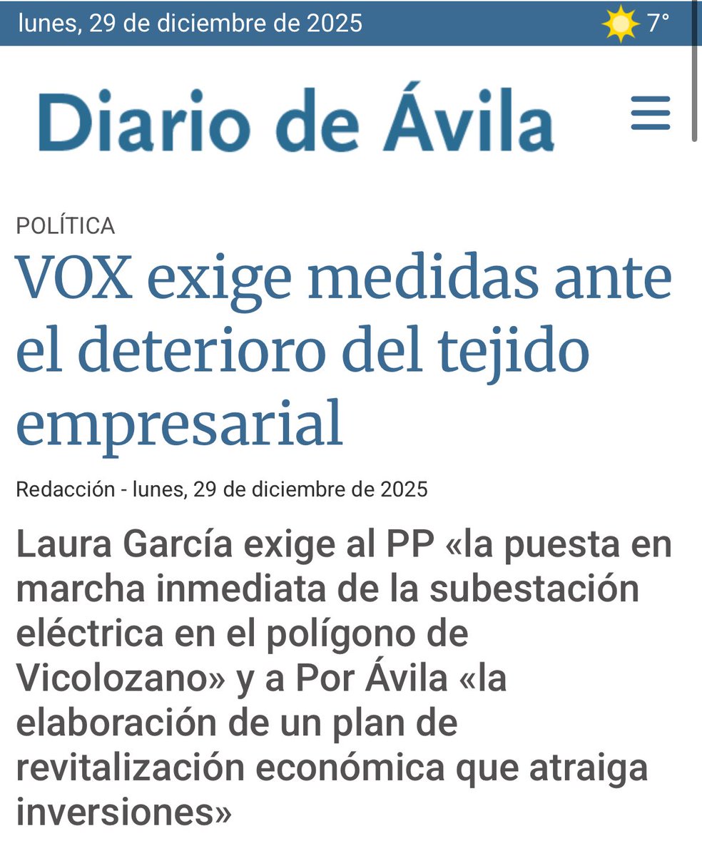 El Grupo Municipal de <a href="/Vox_Avila/">VOX Ávila</a> en el Ayuntamiento de Ávila alerta del grave deterioro del tejido empresarial de la capital, que atribuye a años de inacción y a la falta de una estrategia real para atraer inversiones y empleo. 

🗣️: “Vox lleva denunciando esta situación desde el