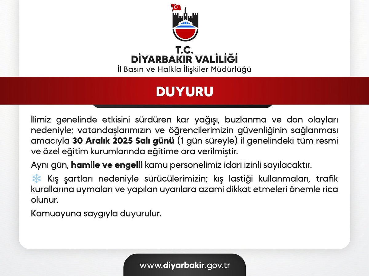 Diyarbakır Valiliği duyurdu. Okullar yarın tatil. #kartatili #sondakika #diyarbakır