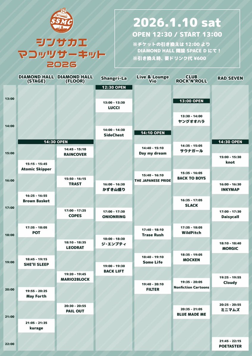 【🔥タイムテーブル解禁🔥】

2026.1.10(土)
『シンサカエ マコッツサーキット 2026』
会場▷栄5会場

open 12:30 / start 13:00
adv ¥5000 / door ¥6500
🎫w.pia.jp/t/ssmc2026/

／

COPESは17:00〜‼️
DIAMOND HALL(FLOOR)にて🚨

＼

2026年一発目は名古屋！🚗
年明けから遊びまくろう😎❤️‍🔥