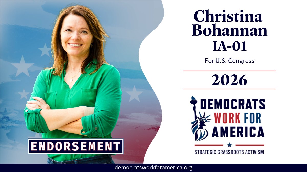 DemsWork4USA's tweet photo. DWFA is proud to endorse Christina Bohannan for Congress in IA-01.
This is a real opportunity to flip this seat. Christina Bohannan is a proven advocate for working families, accountability, and fairness. IA-01 deserves leadership that delivers.
🧵👇
#DemsWork4USA #FlipItBlue https://t.co/tVl5BZSmWk