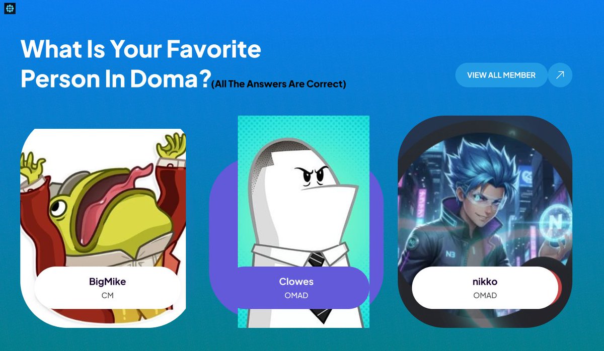 What is your favorite Person in <a href="/domaprotocol/">Doma Protocol</a>?

1 - <a href="/SDMikeCM/">Immutable Nomad Mike</a> 
2 - <a href="/nikkoweb3/">nikko.base | DOMA</a> 
3 - <a href="/InyeneobongC/">Clowes</a> 

Everyone should say the best, because they will ban you (the main thing is to love everyone)