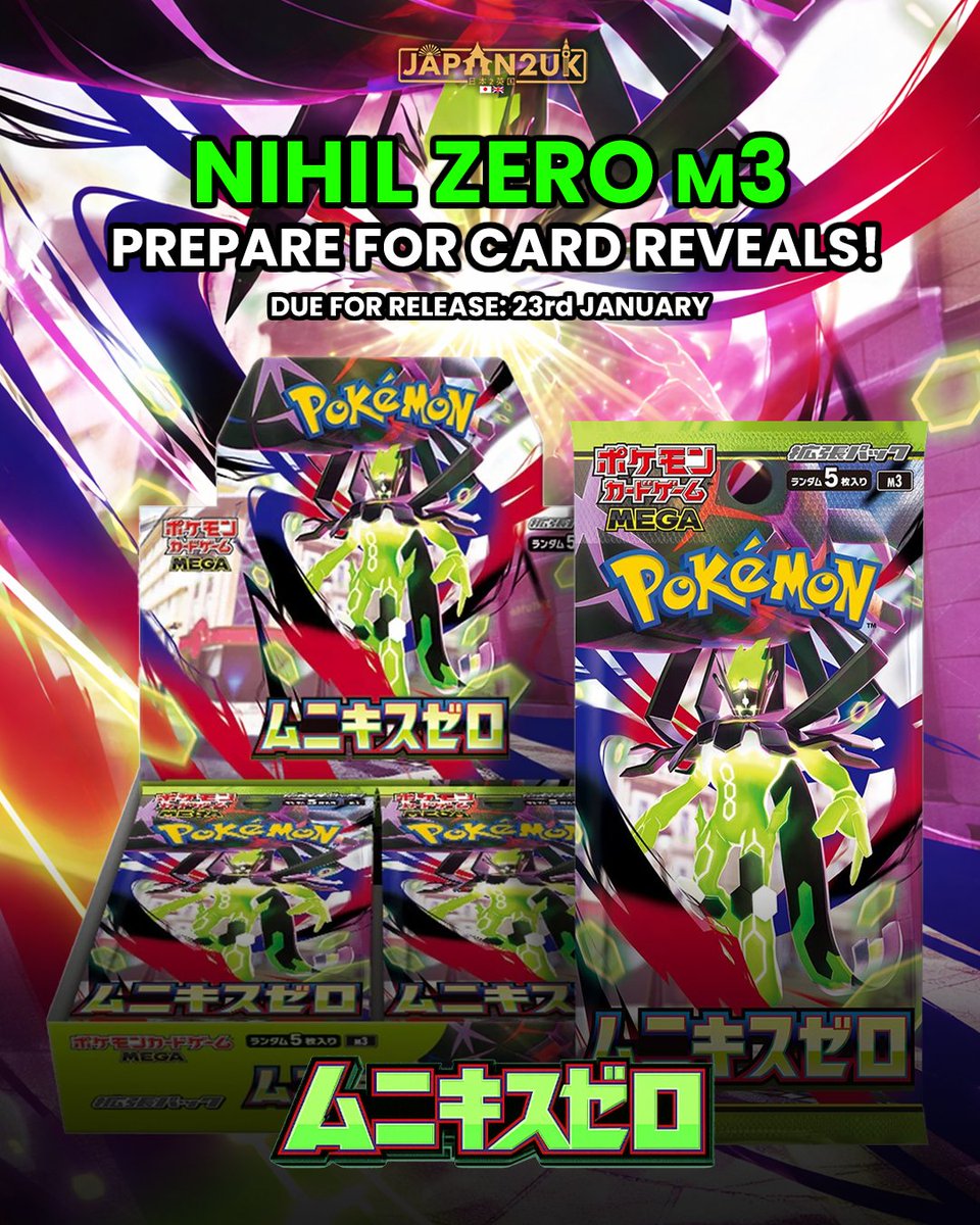 Japan2UK's tweet photo. Pokémon Nihil Zero incoming this January!
You know what that means… Brand new Pokemon card reveals 🤩
Sometimes the lead up to a new set is as exciting as getting your hands on it 😬
Keep your eyes peeled Pokemon fans!
#Pokemon #PokemonTCG #NihilZero #JapanesePokemon #PokemonCard