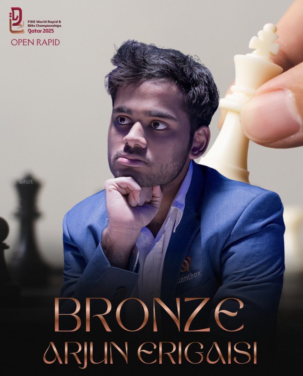 ParmarSSC_X's tweet photo. 🏅 Double delight for India! Koneru Humpy & Arjun Erigaisi bag BRONZE at #FIDEWorldRapid2025 in Doha! 🇮🇳 Humpy's grit shines, Arjun's first podium. #IndianChess #ChessStars https://t.co/YxXiewzbp6