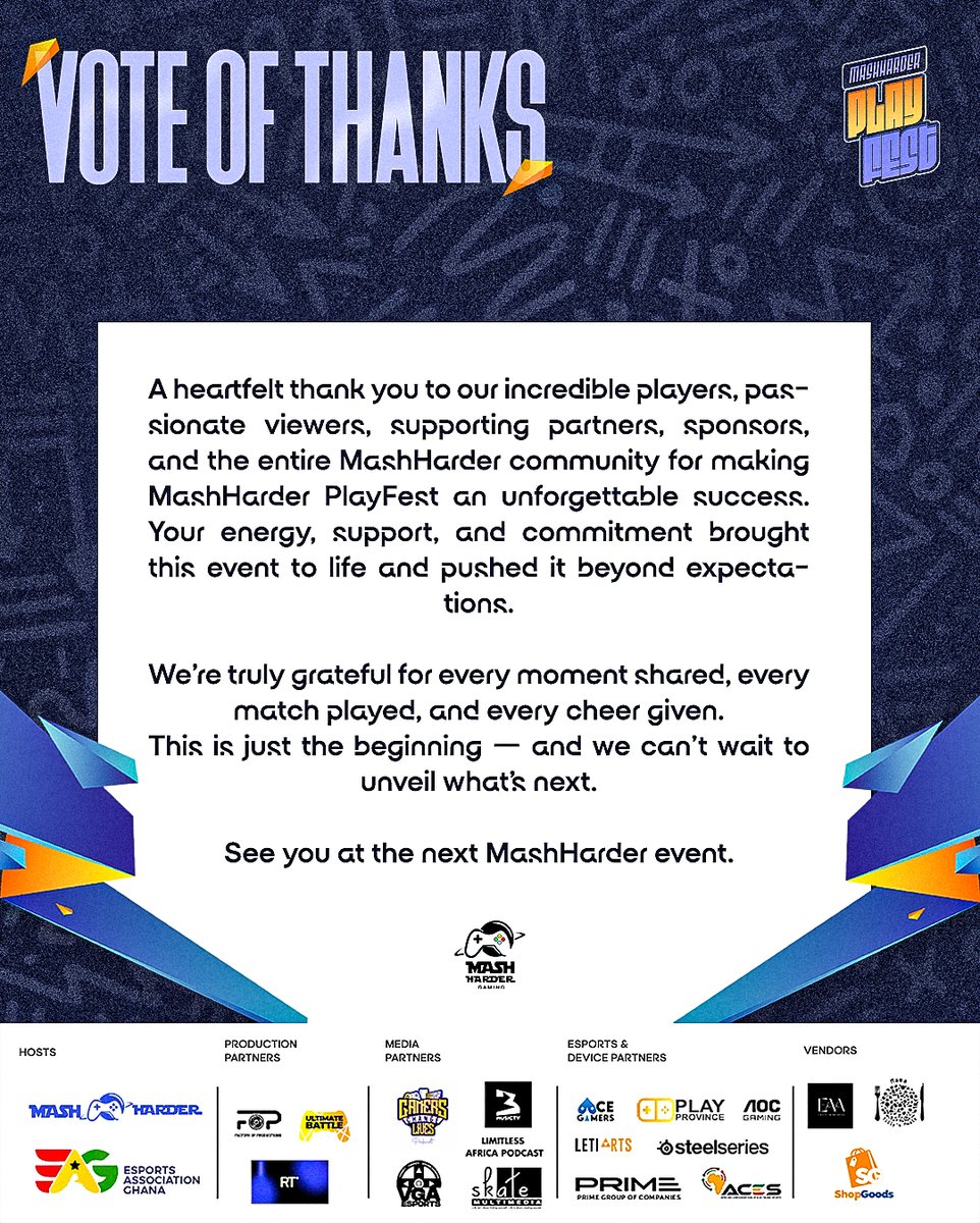 Thank you to every player, partner, supporter, and fan who made the PlayFest journey possible. Your passion and energy are what keep this community alive. 🙏

We couldn’t have done it without you.

#ThankYou #PlayFest #MashHarder #Esports