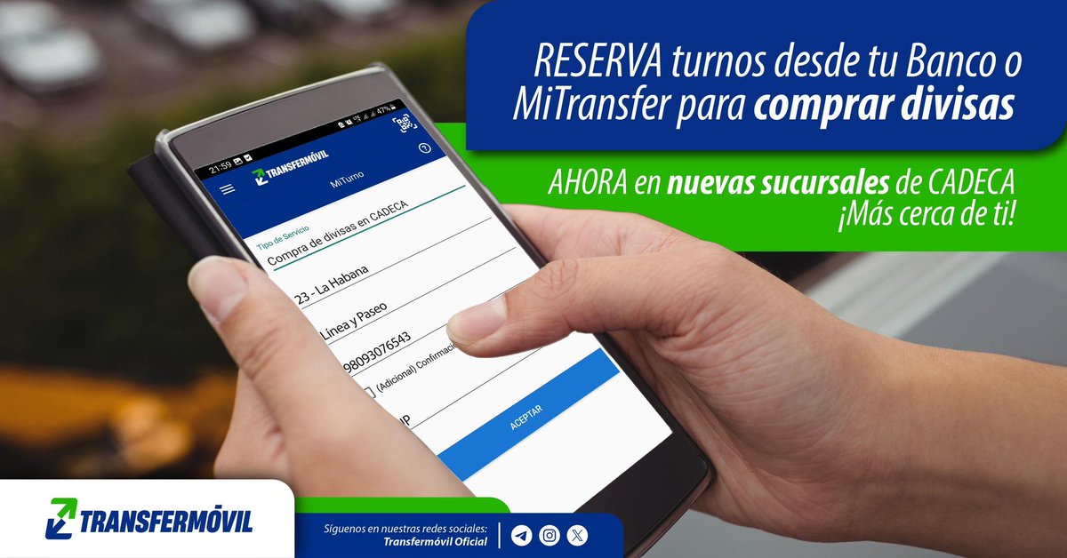 Con la ampliación del servicio MiTurno en Transfermóvil y MiTransfer, se incorporan hasta 2️⃣0️⃣ nuevas Casas Comerciales de CADECA de todo el país para la compra de divisas. 

Accede a #MiTurno desde el menú Operaciones de tu Banco o el Monedero. 📲

¡Aprovecha la oportunidad! 😉