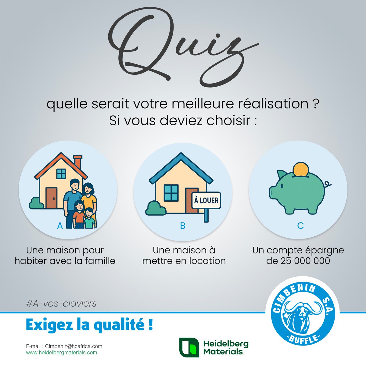 Les avis divergent souvent sur ce sujet, selon vous, quel est le meilleur investissement à faire ?

#CIMBENIN #cimenterie #wasexo #cimentmaçon #Benin #construction #engagement #maison #route #infrastructure #architecte #geniecivil #cotonoubenin #Recrutement
