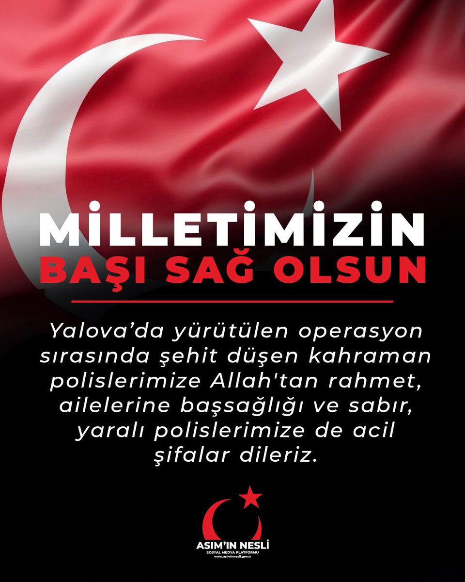 Yalova’da yürütülen operasyon sırasında şehit düşen kahraman polislerimize Allah'tan rahmet, ailelerine başsağlığı ve sabır, yaralı polislerimize de acil şifalar dileriz.