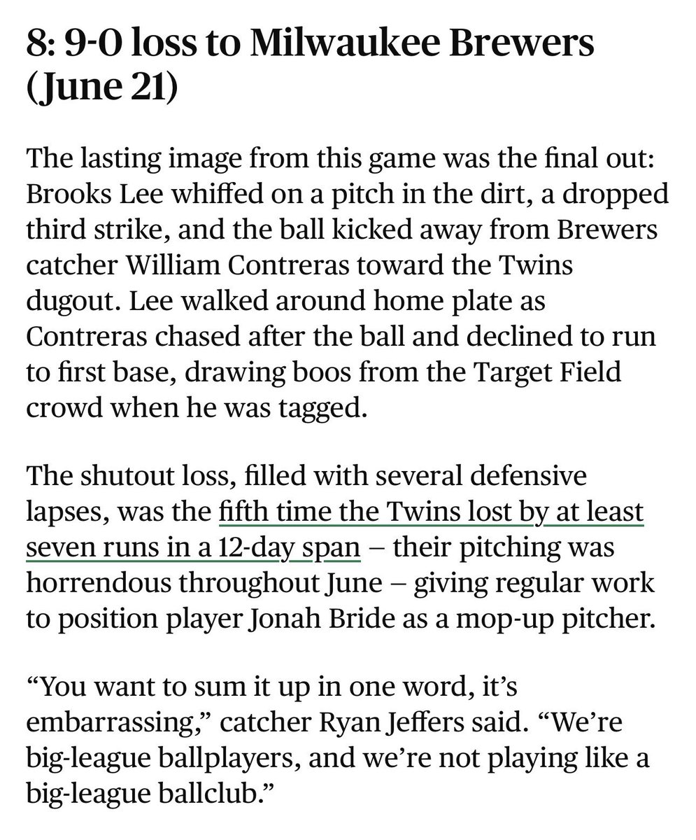 No. 8: 9-0 loss to Milwaukee Brewers (June 21).
The lasting image from this game was the final out: Brooks Lee whiffed on a pitch in the dirt, a dropped third strike, and the ball kicked away from Brewers catcher William Contreras toward the Twins dugout. Lee walked around home plate as Contreras chased after the ball and declined to run to first base, drawing boos from the Target Field crowd when he was tagged.
The shutout loss, filled with several defensive lapses, was the fifth time the Twins lost by at least seven runs in a 12-day span — their pitching was horrendous throughout June — giving regular work to position player Jonah Bride as a mop-up pitcher.
“You want to sum it up in one word, it’s embarrassing,” catcher Ryan Jeffers said. “We’re big-league ballplayers, and we’re not playing like a big-league ballclub.”