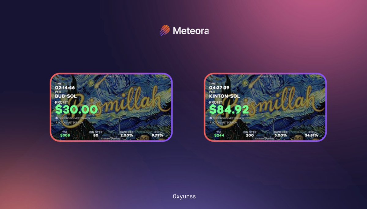 0xyunss's tweet image. some of this strategy result

tl;dr

- found a coin at 1 or 2 a.m. utc +7
- open default range single side sol bid-ask
- or lower range with -60% or -65% wide
- print