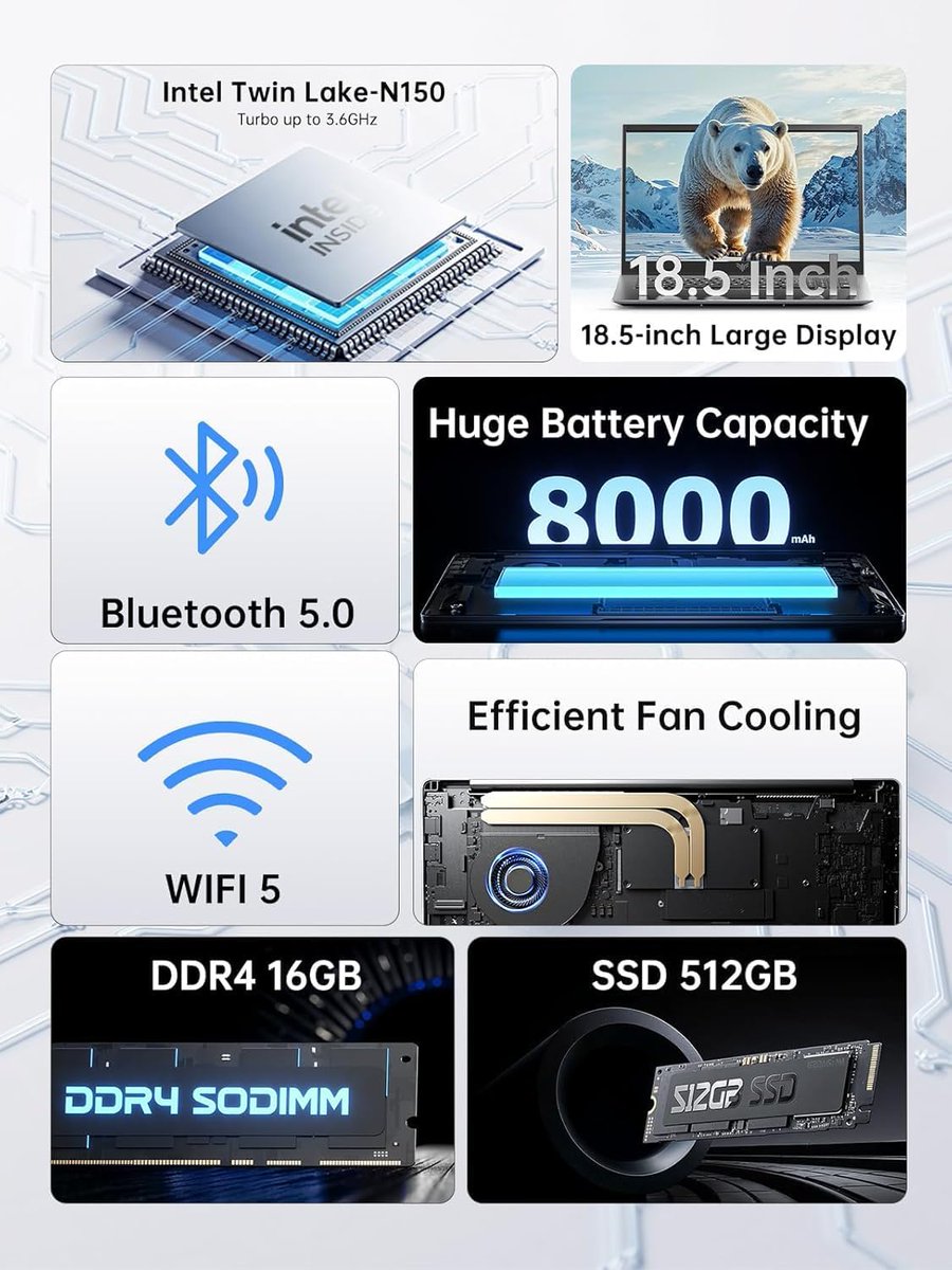 BhubanDas357's tweet photo. 18.5″ Laptop 2025 | Intel N150 up to 3.6GHz, 16GB RAM, 512GB NVMe SSD,Full HD 1080P Display, 8000mAh 

 https://t.co/84DzybD5jd
 
 #18InchLaptop
 #185InchLaptop
 #2025Laptop
 #IntelN150
 #IntelLaptop
 #16GBRAM
 #512GBSSD
 #NVMeSSD
 #FullHDLaptop
 #1080PD https://t.co/fCBXykUhFT