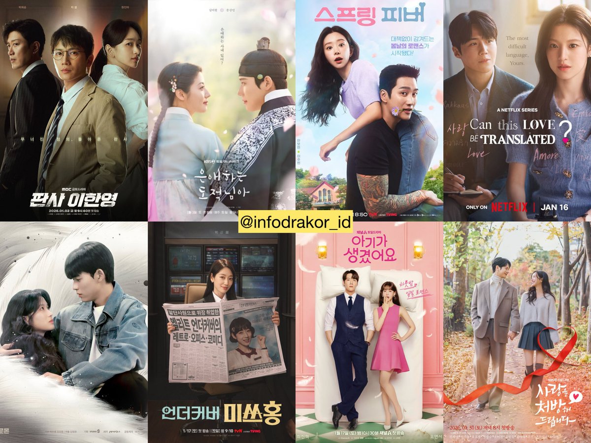 infodrakor_id's tweet photo. 🔜 KDrama Tayang Januari 2026

MBC #TheJudgeReturns (2) - HBO MAX
KBS #ToMyBelovedThief (3) - VIKI
tvN #SpringFever (5) - Prime Video 
Netflix #CanThisLoveBeTranslated (16)
SBS #NoTailToTell (16) - Netflix 
tvN #UndercoverMissHong (17) - Netflix 
Channel #PositivelyYours (17)
KBS #RecipeForLove (31)