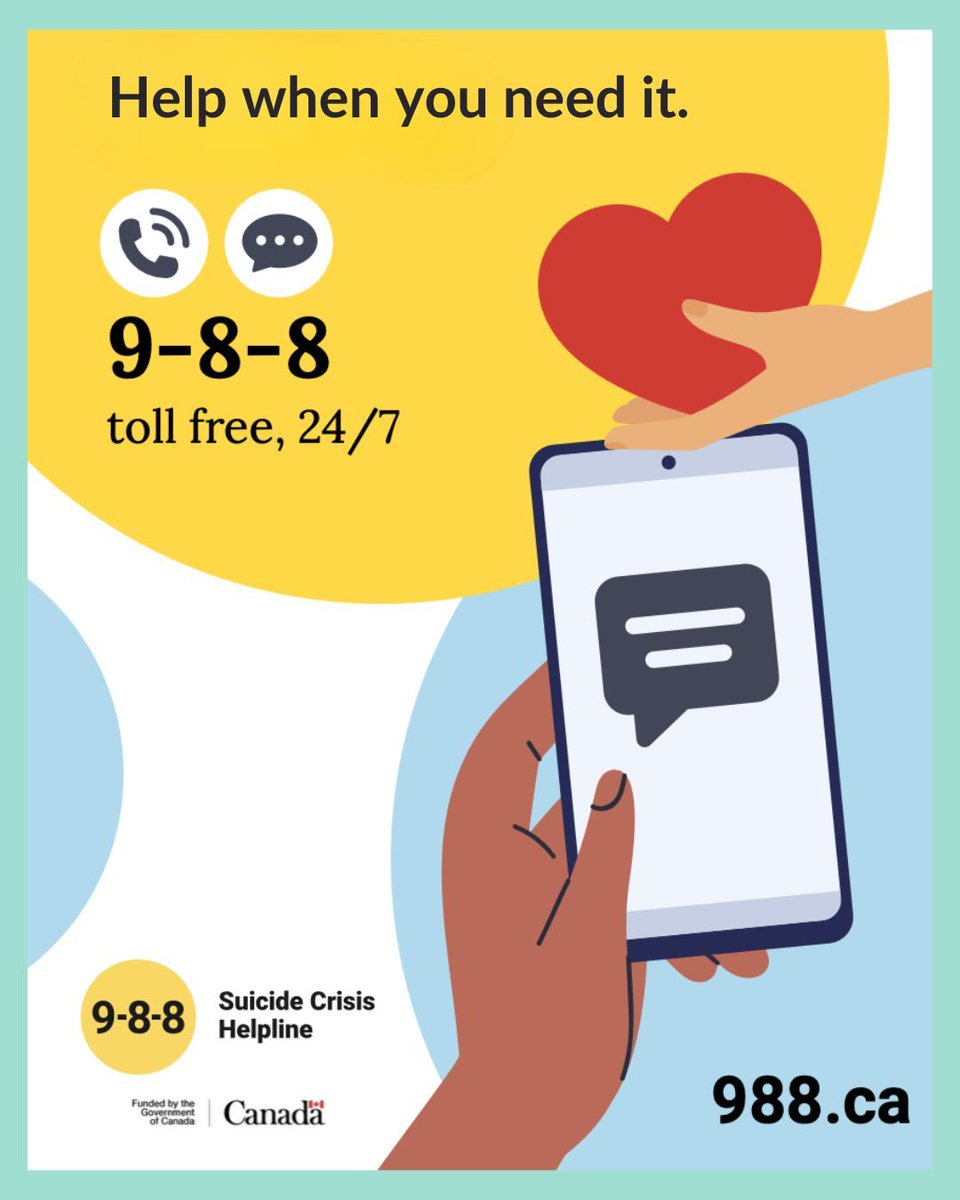 MuskokaAlmaguin's tweet image. If you’re feeling overwhelmed, help is just three digits away. 💛

The 9-8-8 Suicide Crisis Helpline offers free, confidential support by call or text, anytime. 

📞 Call 9-8-8
💬 Text 9-8-8
🌐 Learn more: 988.ca

#988 #MAOHT #OHT #OntarioHealthTeam