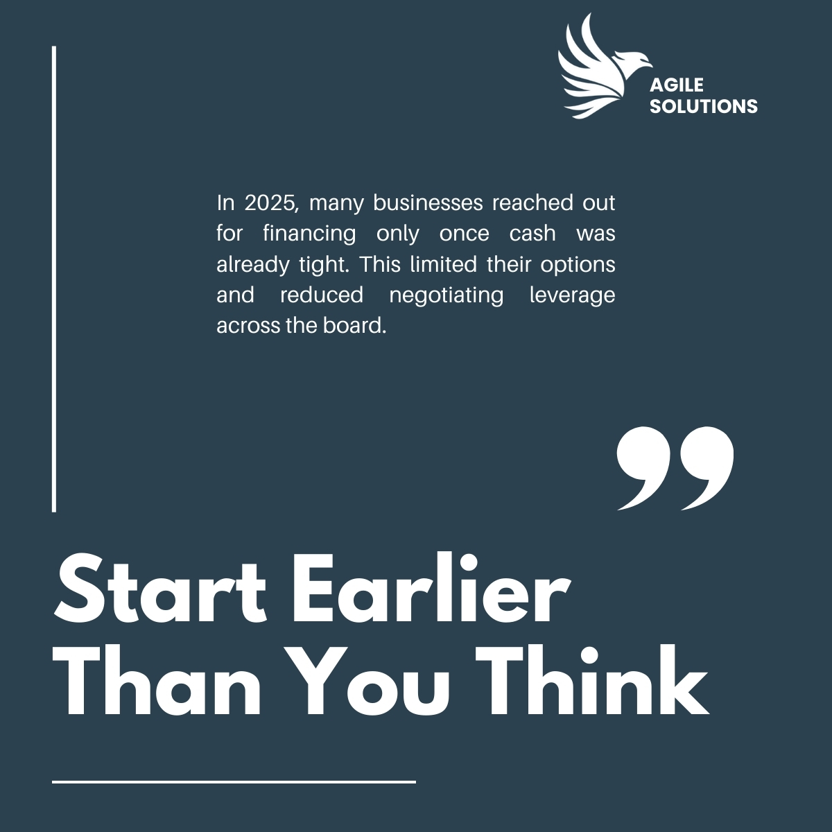 _agilesolutions's tweet photo. 2025 taught us 3 key financing lessons: start earlier than you think, strengthen cash flow planning, and keep financials clear to build lender confidence. These insights can give your business an edge in 2026. #BusinessFinancing #SME https://t.co/EDpMSkfpUG