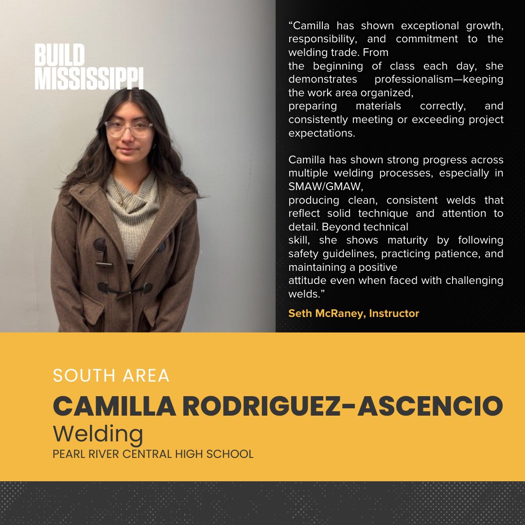 🎉 Congratulations to our December Students of the Month!

👏 Alexis Leco-Hurtado (North Area), Christain Hoskins (Central Area), and Camilla Rodriguez-Ascencio (South Area) have excelled in their programs. Your hard work and dedication inspire us all! #buildmississippi