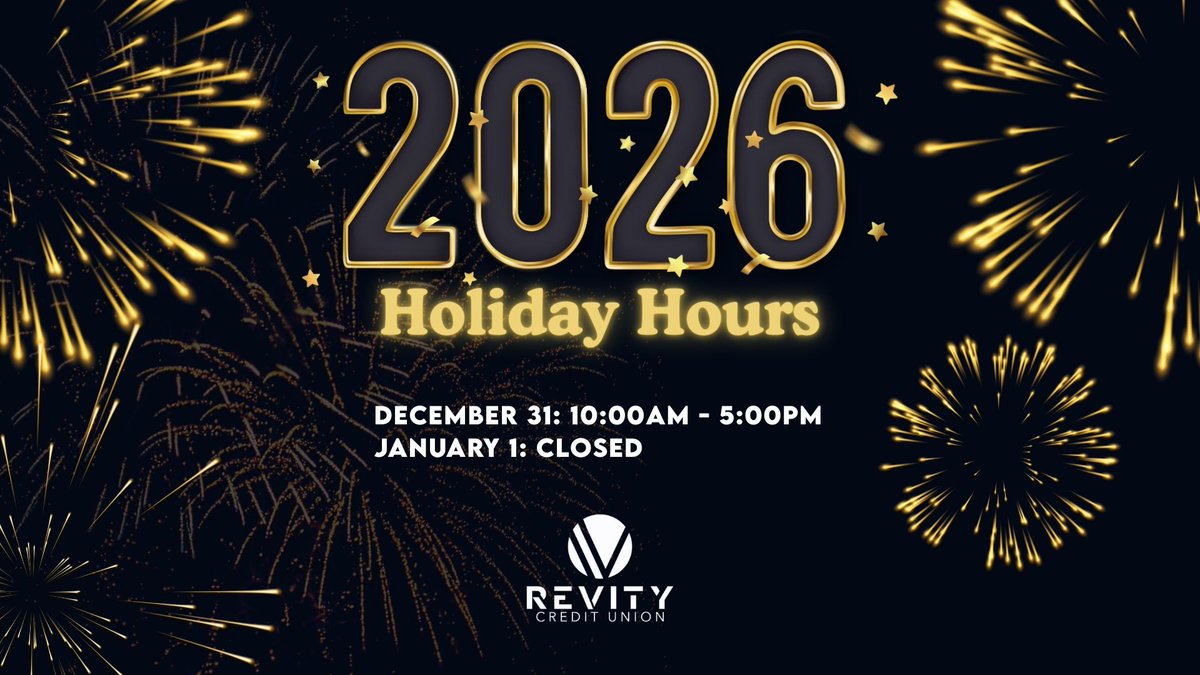 Revity_CU's tweet image. Revity Credit Union's Holiday Hours! 🌟
Please note that our branches will have adjusted hours on New Year's Day to allow our team to celebrate. Check out our schedule and plan your visit accordingly. We wish you a joyful and successful New Year!