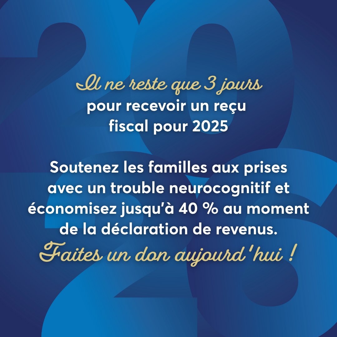 AlzheimerTP's tweet photo. Un don versé avant le 31 décembre aide les familles touchées par les TNC et vous permet de recevoir un reçu fiscal pour 2025, pouvant rapporter jusqu’à 40 % au moment de la déclaration.

Donnez aujourd'hui : https://t.co/q58T1tBena https://t.co/uaFjMsYQjq