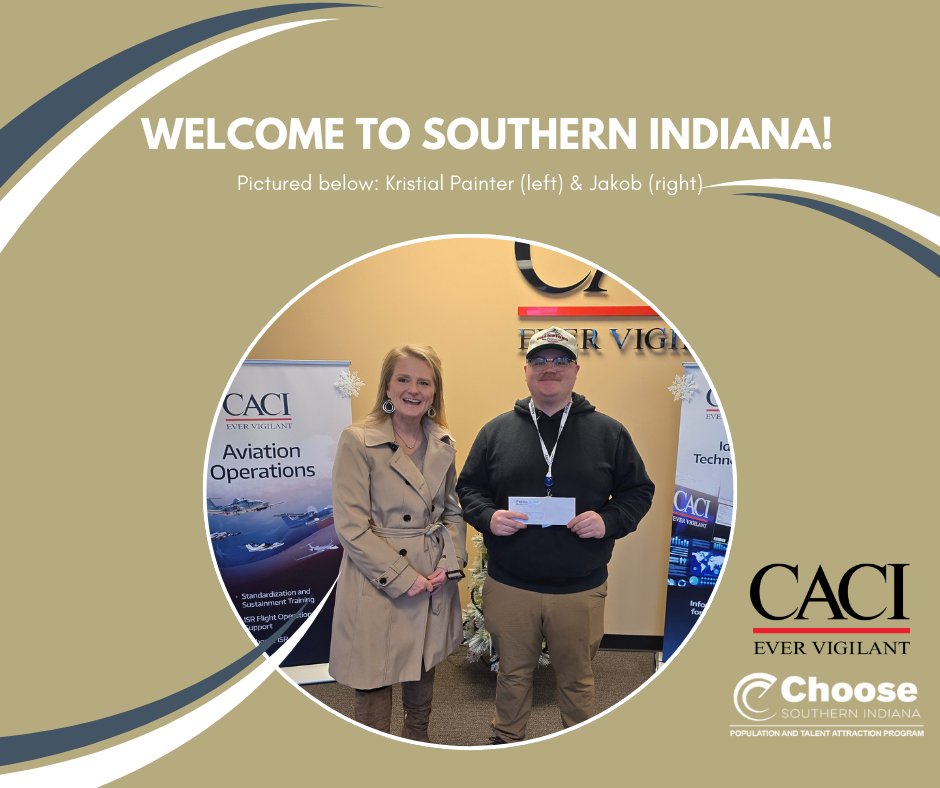 ChooseSoIN's tweet image. Join us in welcoming Jakob to the southern Indiana region! Jakob recently relocated to the area as part of our workforce attraction program and is now working with CACI. choosesouthernindiana.com/employer-incen….