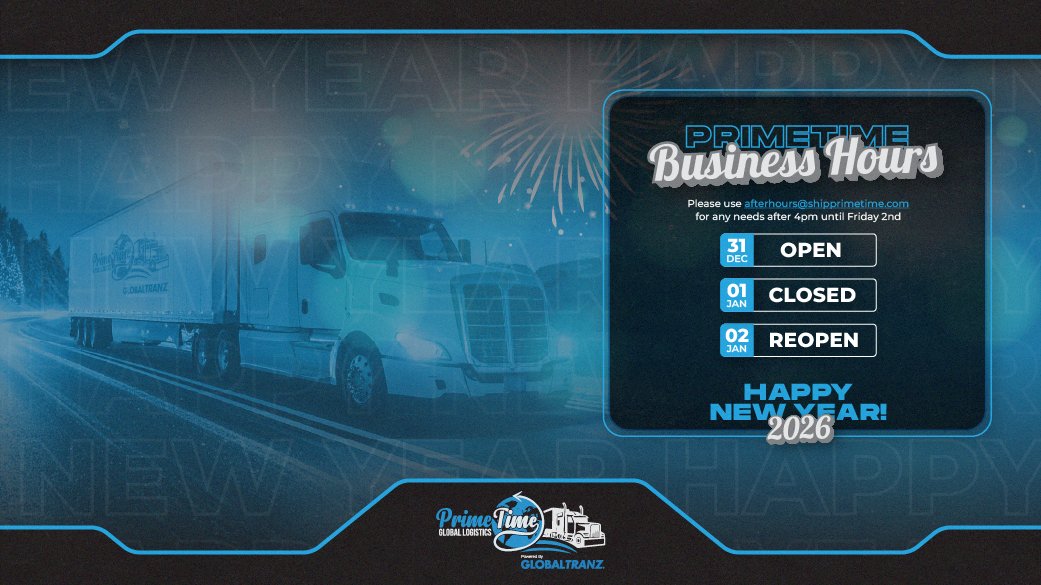 shipprimetime's tweet photo. Shipping during the holidays? 🚚

As we welcome the #NewYear 2026, PrimeTime will operate under adjusted business hours. Please review our holiday schedule, plan shipments ahead, and let us support your logistics needs as we start the year strong. Thank you for trusting us. 🎆✨ https://t.co/2RzlnlPfTY