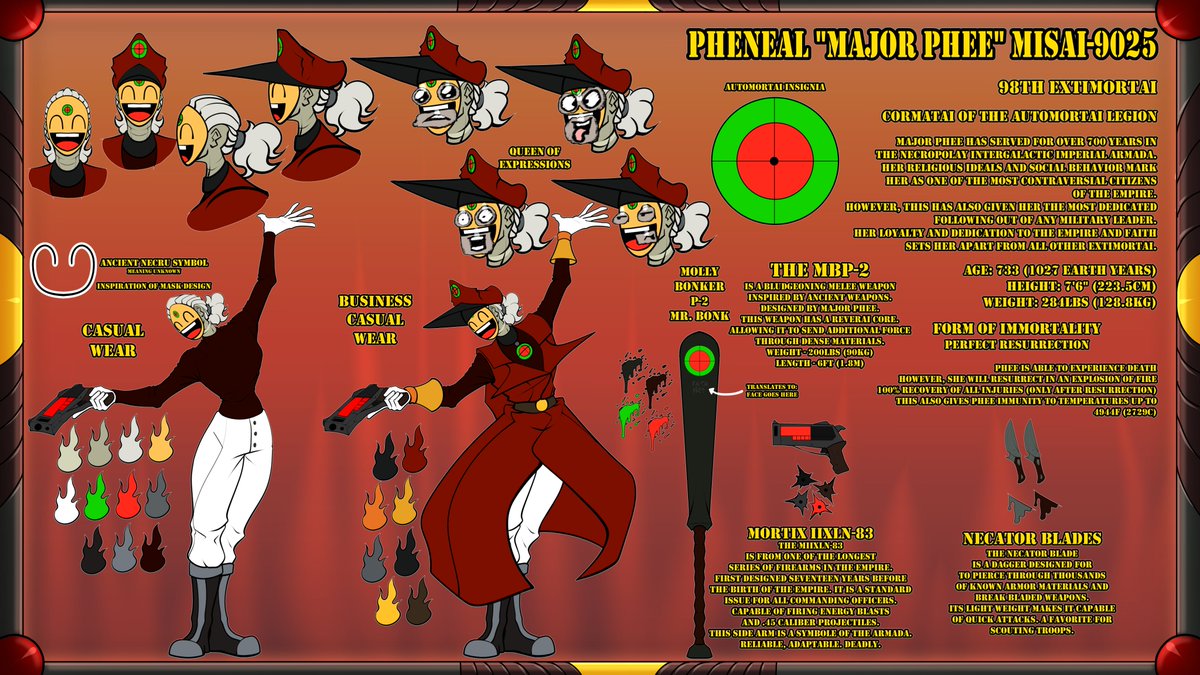 MST3KMAN's tweet image. WAKE UP NECRU! NEW MAJOR PHEE CHARACTER SHEET DROPPED!
( Full Resolution on Kofi ko-fi.com/missingminds )
MORE DETAILS! ADDED LORE! UPDATED DESIGN! SHE HAS IT ALL! NOW GO MAKE YOUR FAN CREATIONS AND SPREAD THE LOVE AND CHAOS! #art #oc #majorphee #characterdesign #digitalart