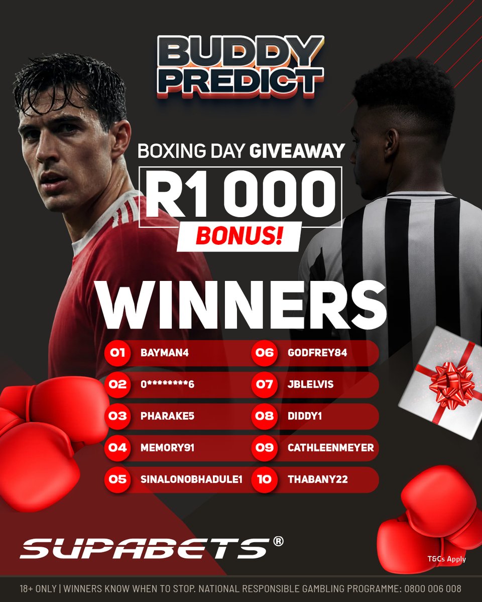 Supabets_mzansi's tweet image. WELL DONE to our  BOXING DAY🥊⚽ GIVEAWAY Winners🥳💸😎
#Boxingday #Winners #BetWithoutRegret #Supabets