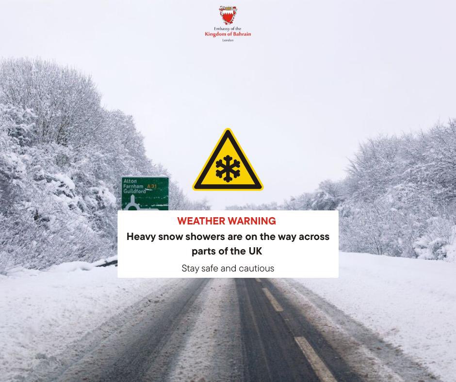BahrainEmbUK's tweet image. The Met Office has issued a yellow warning for snow and ice across parts of the #UK. Frequent and heavy snow showers may lead to travel disruption.

Citizens in the UK are advised to take necessary precautions, plan travel carefully, and monitor updates from official weather…