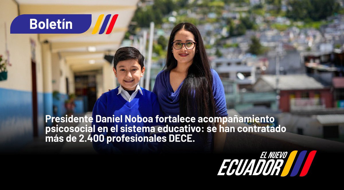 [BOLETÍN] Bajo el liderazgo del presidente <a href="/DanielNoboaOk/">Daniel Noboa Azin</a> , fortalecemos el bienestar integral de la comunidad educativa con la contratación de 2.460 profesionales DECE a escala nacional.

📰 Conoce más detalles ➡️  bit.ly/4jlbCuO

#ElNuevoEcuador 🇪🇨