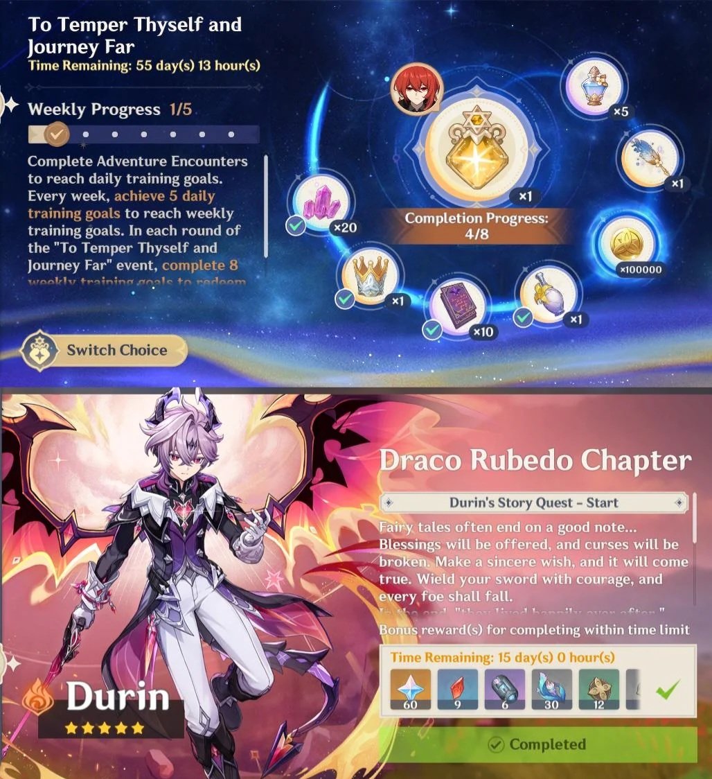 teyvattabloid's tweet photo. [Reminder] Temper Thyself / Draco Rubedo

As a friendly reminder for those that may have missed or ignored the first 4 weeks of Temper Thyself, this upcoming Wednesday, 31 of December, will be your very last opportunity to join and complete all 8 weekly requirements for getting the constellation.

Even if there are automatic mails for limited rewards and events, i'd also like to remind Durin's SQ Draco Rubedo taking 5 real time days to complete due to each chapter progressing after the daily reset (Similar to how the Tatarasuna WQ works).

If you care about those extra rewards and haven't done it yet, your last days to launch that SQ will be the 7th-8th of January.

Wish you all a good upcoming New Year Eve.

©️ Post by u/Azael_ljima

#Genshinlmpact #Genshin #GenshinMemes
