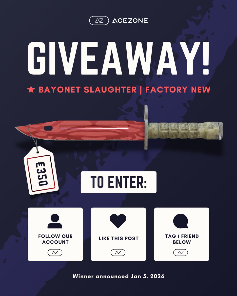 acezoneio's tweet image. 🔥 GIVEAWAY 🔥

Starting 2026 sharp 🔪
We’re giving away a Bayonet  Slaughter (Factory New)

To enter:
👤 Follow our account
❤️ Like this post
💬 Tag 1 friend

Winner announced January 5th, 2026 🍀