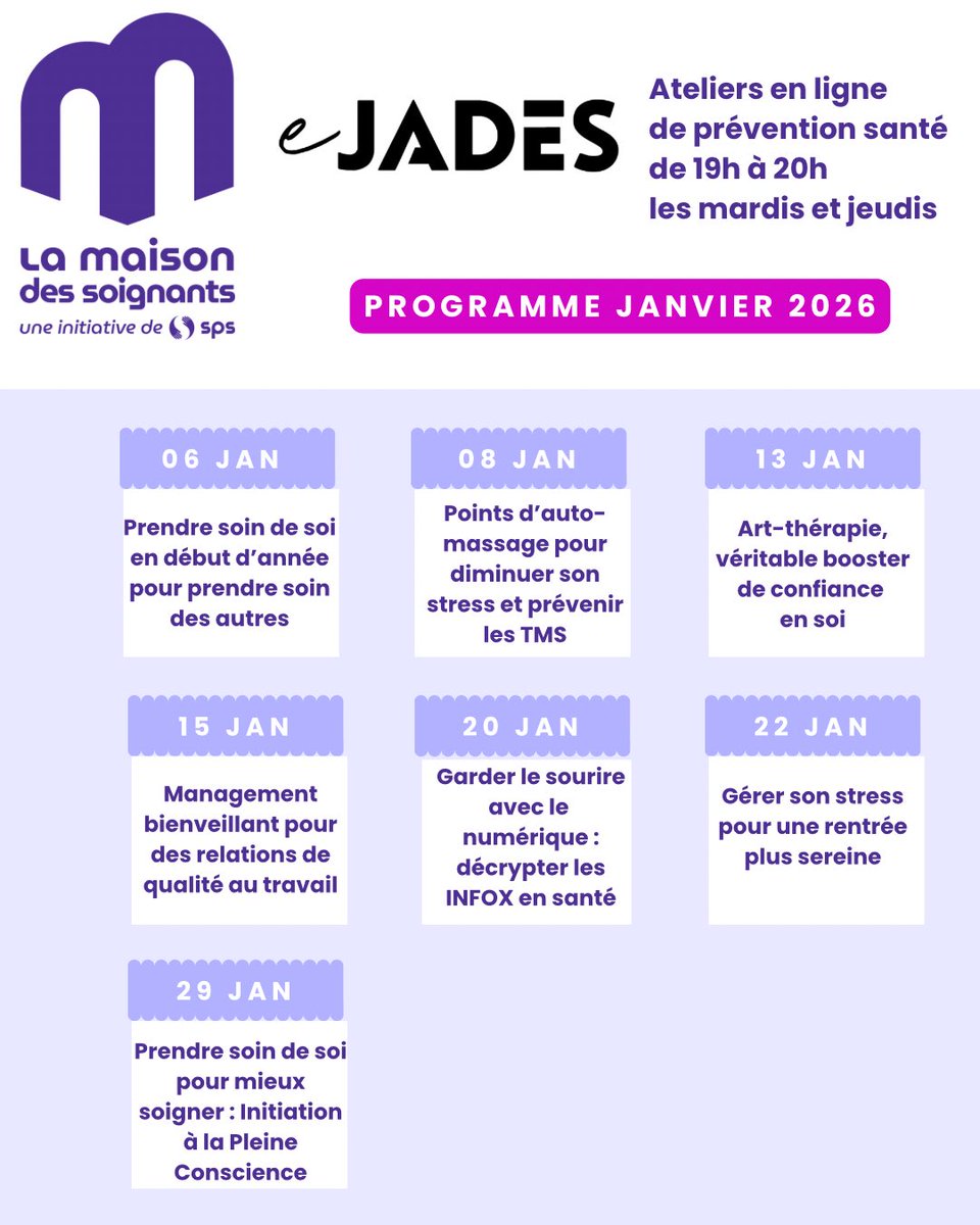 💡Prenez soin de vous en ce début d’année 2026. Inscrivez-vous gratuitement à nos ateliers en ligne, les eJADES
🔍 Découvrez le programme du mois de janvier 
🔗 Inscription : lamaisondessoignants.fr/vous-ressource…

#soignants #etudiantsensanté #preventionsanté #prendresoindesoi #stress
