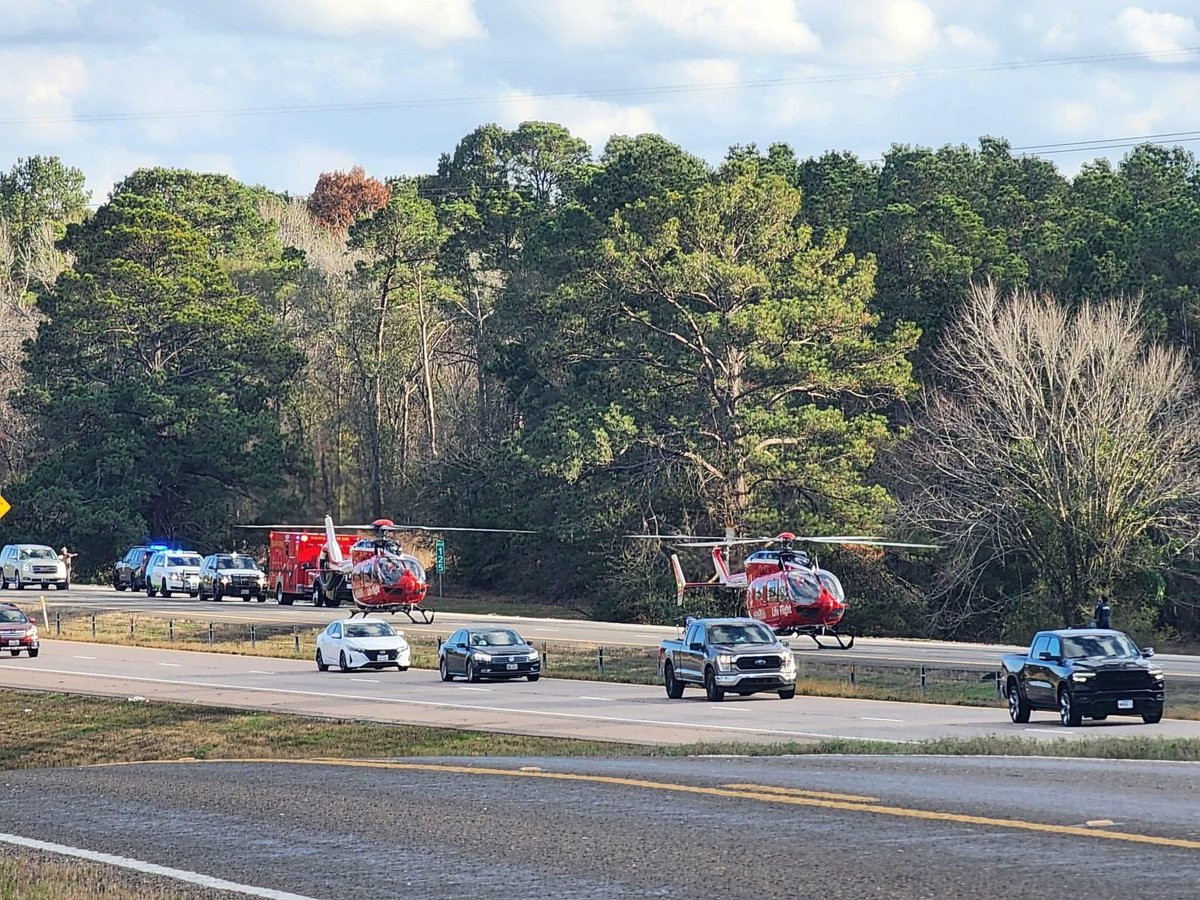An accident occurred near Madisonville, a rural town along the Houston-Dallas expressway. 

After calls to 911, police and EMS arrived quickly. 

Realising the victims needed urgent transport to the nearest trauma centre, two helicopters landed to assist.

They do not need to