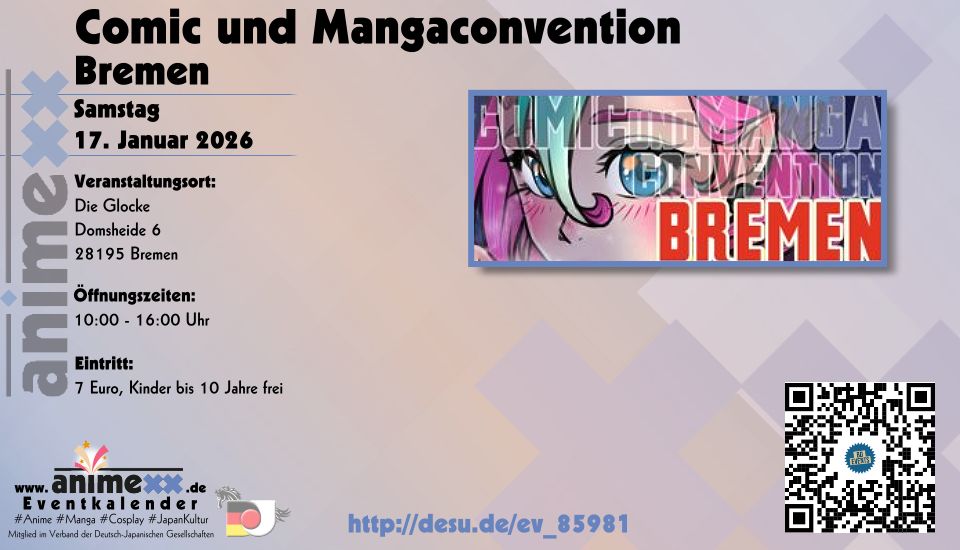 In der Glocke in Bremen findet am Samstag, den 17. Januar 2026 von 10 bis 16 Uhr die Comic und Manga Convention <a href="/BD_comic/">BD Events</a> statt. Alle Comic und Manga Fans sind herzlich eingeladen.
desu.de/ev_85981 #comicmangacon #CMCBremen