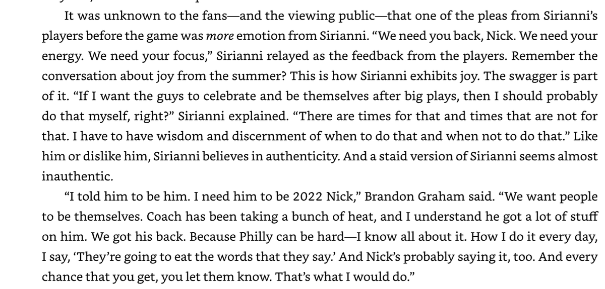 ZBerm's tweet photo. Re: the footage of Sirianni in the tunnel — I think that's what the Eagles/Eagles fans should want to see from Sirianni. It's part of what makes him distinctive. 

There have been times this year when I've wondered if Sirianni had become too staid, like Rick Vaughn in Major League 2. His authenticity is his charm, and (at least publicly) you haven't always seen it this year.

When the Eagles were 2-2 last season, one of the pleas from the players was for the 2022 version of Sirianni. 

Here's a passage from Leap Year: