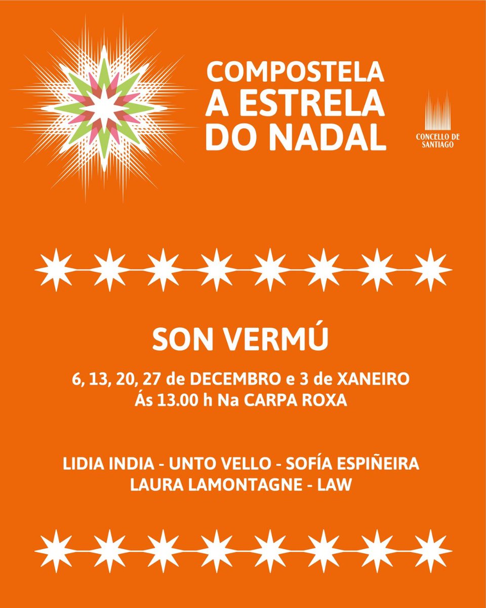 Chegamos á derradeira sesión de Son Vermú do Nadal.🍹🎄 Agardámosvos mañá para gozar coa música  de LAW. 🎶Sons reggae, urbanos e electrónica que combina cunha mensaxe social.
📅 Sábado 3 de xaneiro
🕛 13h
📍 Praza Roxa

#Nadal #SantiagodeCompostela #CompostelaAEstrelaDoNadal