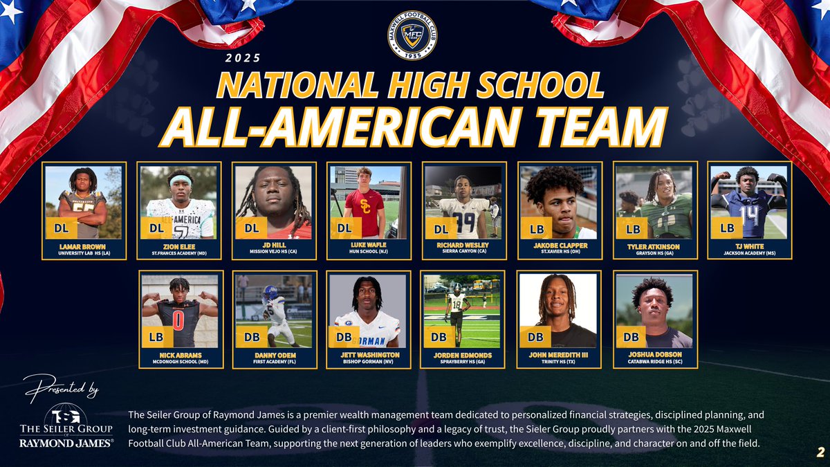 🏈The Maxwell Football Club proudly presents the Inaugural  National High School All-American Defense, presented by the Seiler Group of Raymond James.

These players impose will, protect standards, and change the course of games through discipline, intelligence, and relentless