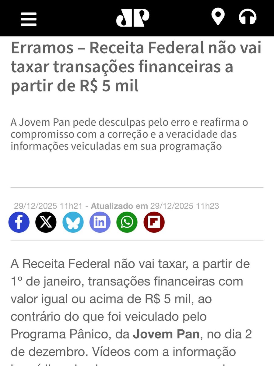 Após ser desmentida oficialmente pelo Ministério da Fazenda, a Jovem Pan divulgou uma notinha pedindo “desculpas” depois de espalhar mais uma mentira absurda.

Mas não se engane: isso é método.
A fake news circula por dias, alcança milhões de pessoas, gera pânico e desinformação