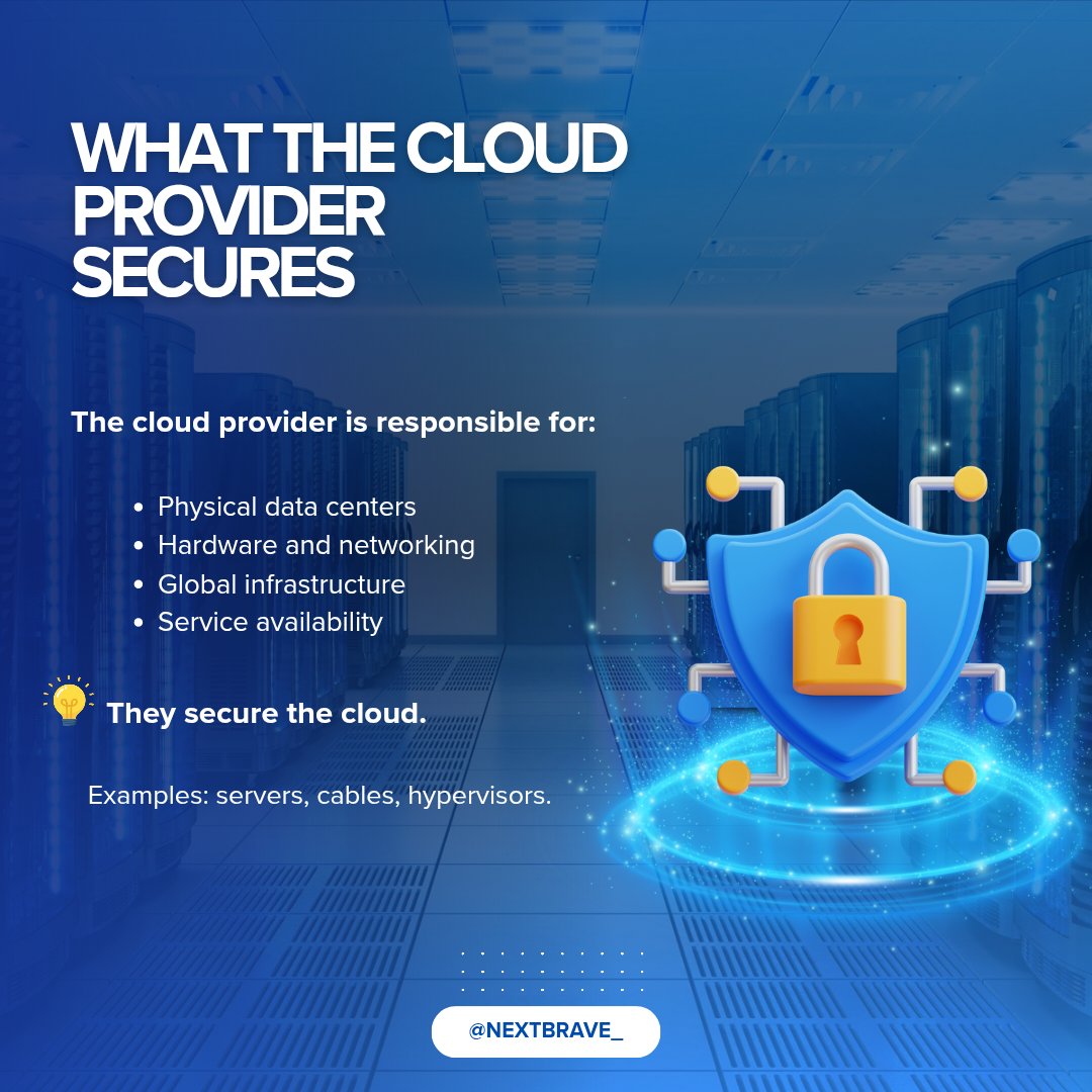 nextbrave_'s tweet photo. 🔐 Cloud Security is NOT fully outsourced.
In the cloud, security is a shared responsibility: ☁️ Providers secure the infrastructure
🔑 You secure data, access, and configurations
Most breaches happen because this is misunderstood.
👉 Do you know your role?
#CloudSecurity #cyber https://t.co/AtTxv55L4C