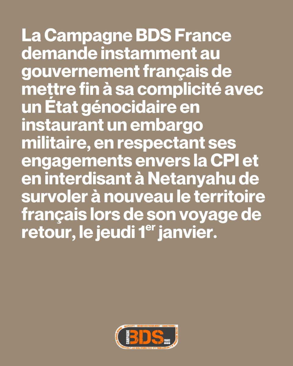 Malgré son obligation à respecter le droit international, le gouvernement français a autorisé l’avion transportant le Premier ministre de l’État d’apartheid israélien, Benyamin Netanyahu, à survoler la France.

Notre communiqué : bdsfrance.org/le-gouvernemen…

#EmbargoMilitaire