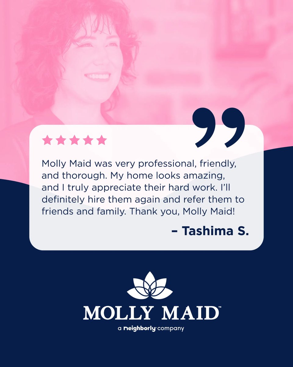 Thank you so much, Tashima! 💙 We're grateful for your trust and thrilled that your home looks amazing!

#MollyMaid #Neighborly #CustomerLove #HomeCleaning