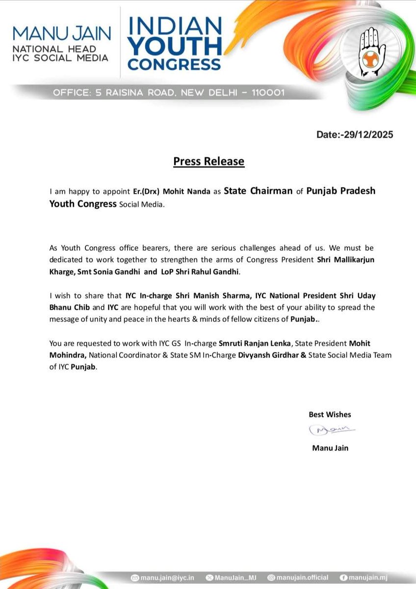 RahulKu02098427's tweet photo. Congratulations to my highly respected brother Mohit Nanda ji on being appointed as the State Chairman of Punjab Youth Congress Social Media.
@Mohitnanda9591 

Rahul Kumar dist Barnala president  social media @IYCPunjab https://t.co/91TpUxzNkc