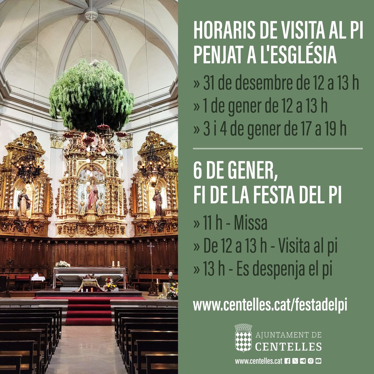 #festadelpi2025

HORARIS DE VISITA AL PI PENJAT A L'ESGLÉSIA
📌 31 de desembre de 12 a 13 h
📌 1 de gener de 12 a 13 h
📌 3 i 4 de gener de 17 a 19 h

6 DE GENER, FI DE LA FESTA DEL PI
📌 11 h - Missa
📌 De 12 a 13 h - Visita al pi 
📌 13 h - Es despenja el pi