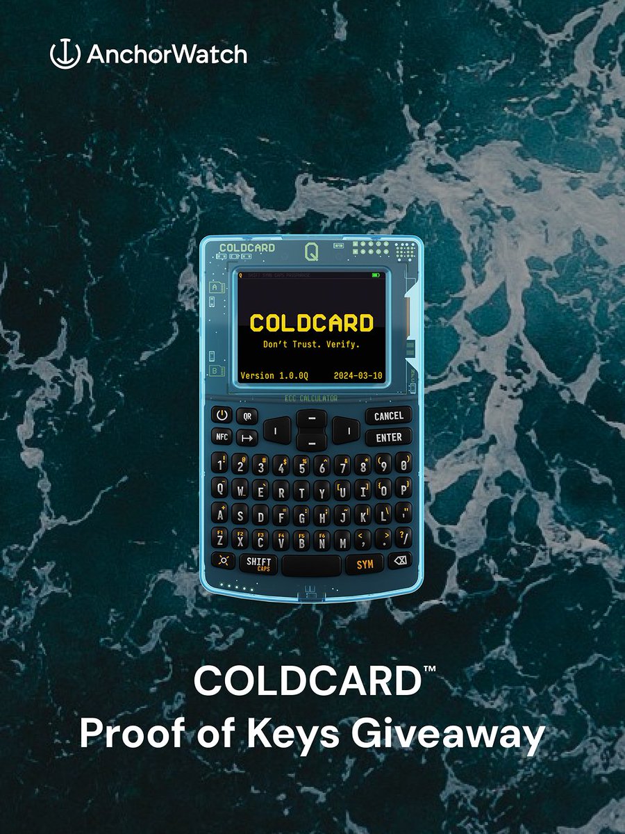 AnchorWatch's tweet image. This Proof of Keys Day (January 3), we're giving away a @COLDCARDwallet Q.

@AnchorWatch will soon be supporting COLDCARD as part of our vault offering... so we're giving one away.

How to enter:
• Follow @AnchorWatch
• Repost
• Reply with your favorite COLDCARD feature