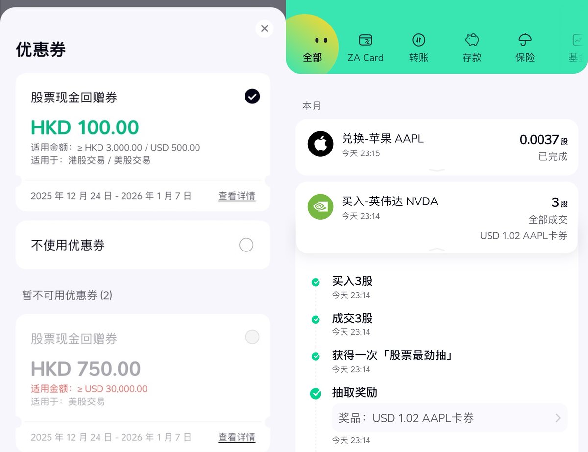 为了薅到ZA Bank 的HKD100 股票现金回赠券，我东拼西凑500 刀买了3 股NVDA，买完还抽中个1.02 刀的苹果股票。 看到