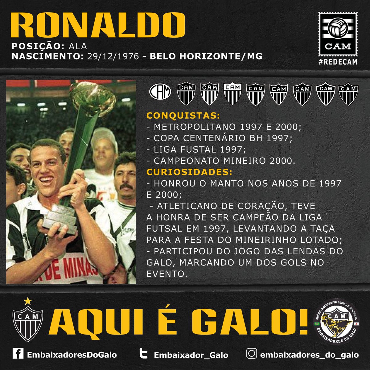 Hoje é aniversário de uma fera do futsal do GALO, o ala atleticano Ronaldo!  Conquistou títulos e o respeito da Massa! Ronaldo fez parte do Jogo das  Lendas na Arena MRV e, image size:1200x1200