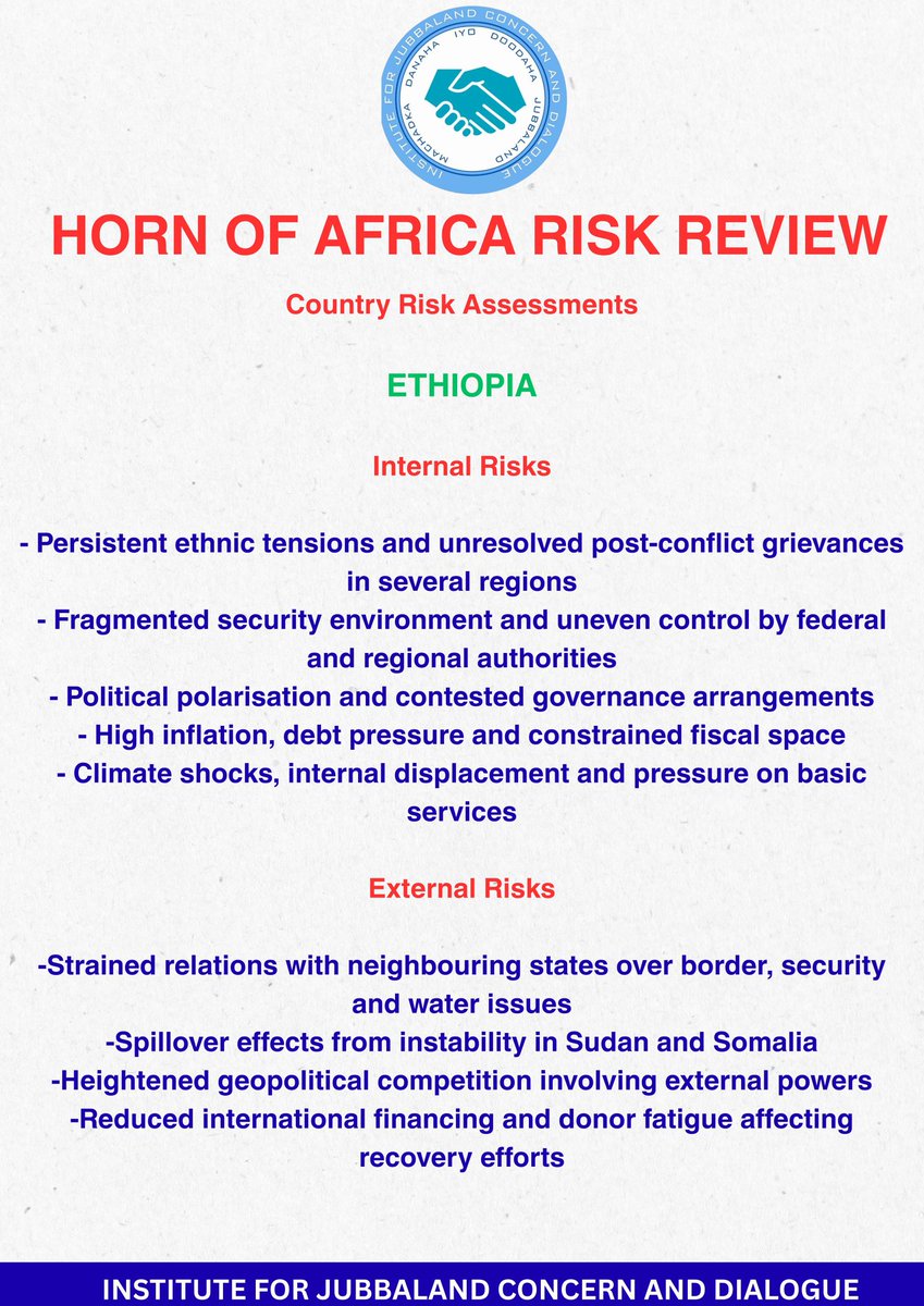 Institutejcd_'s tweet photo. The Institute for Jubbaland Concern and Dialogue hereby shares the 2025 Horn of Africa Risk Review Report and the analyses our experts have gathered per Country. 
Stay with us for more on Horn of Africa Crisis Coverage. 
#HornOfAfricaCrisisReview2025 https://t.co/coLsuZ4mMe