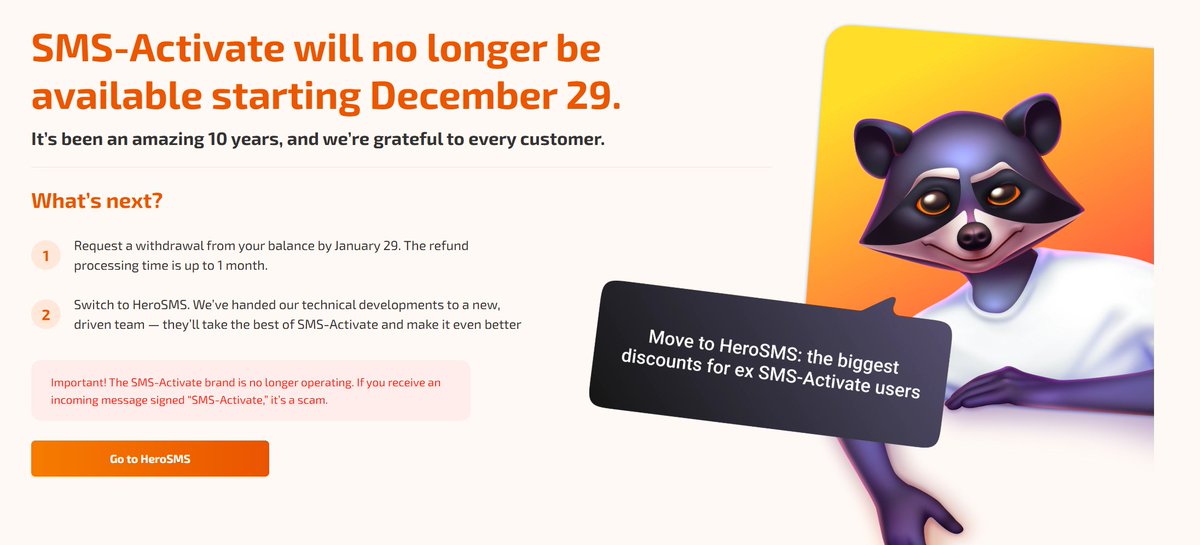 sms-activate下线了，去年用得多，现在空投项目都没了，用得少了。官方推荐转移到hero-sms了 hero-sms.io/?ref-366335